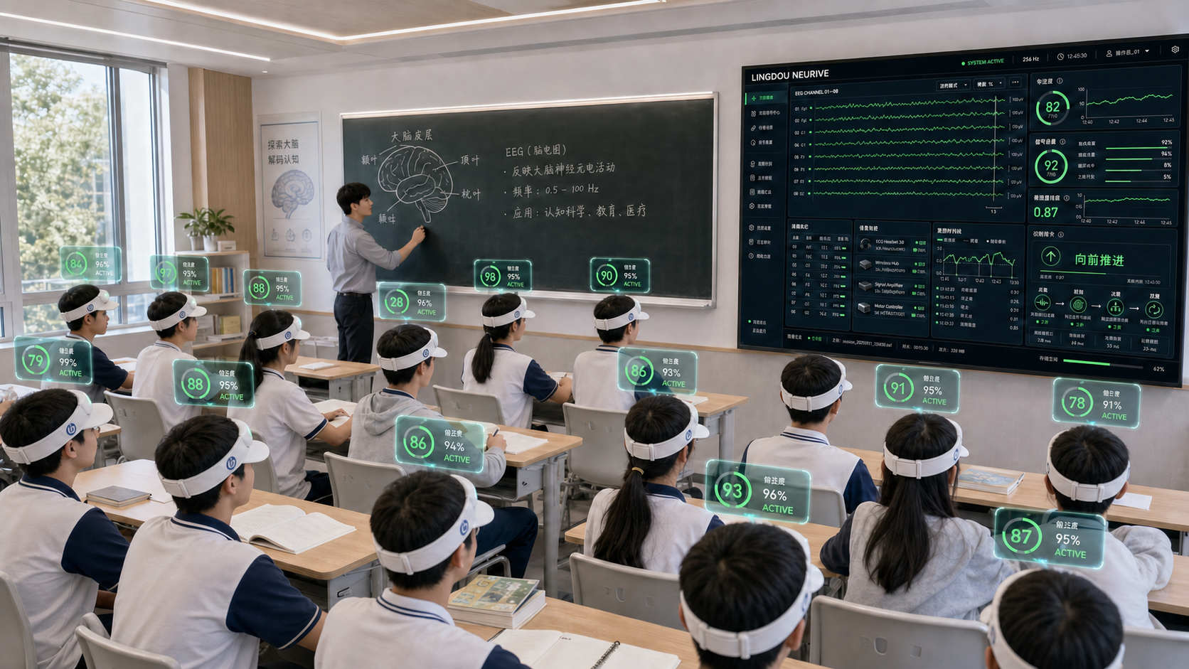 学生使用脑电设备的新一代脑机教室